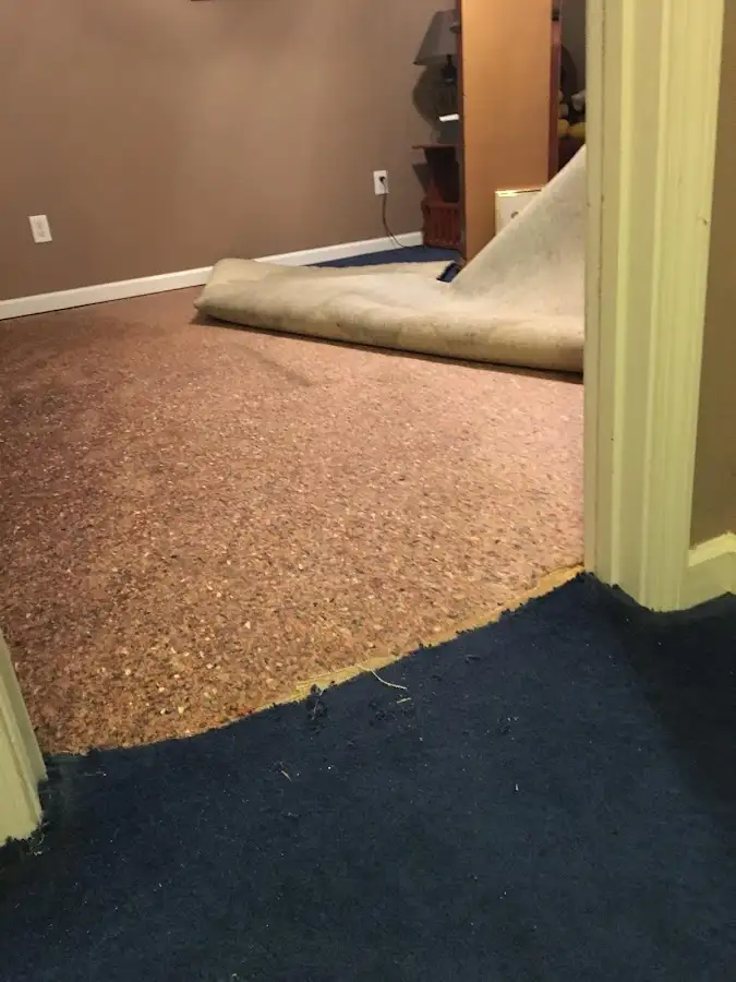 Carpet pad removal revealing water damage during Water Mitigation Services in Baltimore
